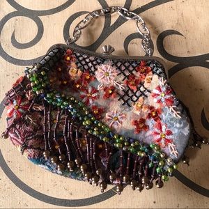 Boho hippie beaded tapestry frame clutch